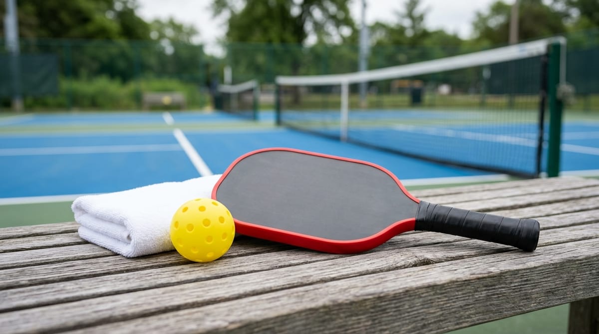 A pickleball paddle with a charcoal face and red edge lying on a courtside bench beside a yellow ball and a towel