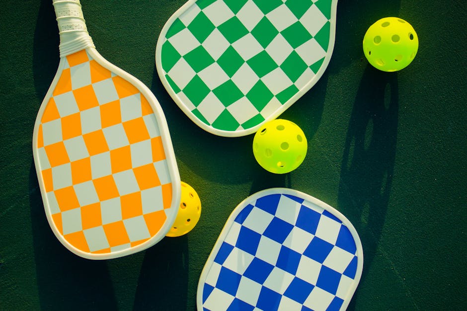 Pickleball paddles and balls arranged on a sunny outdoor court