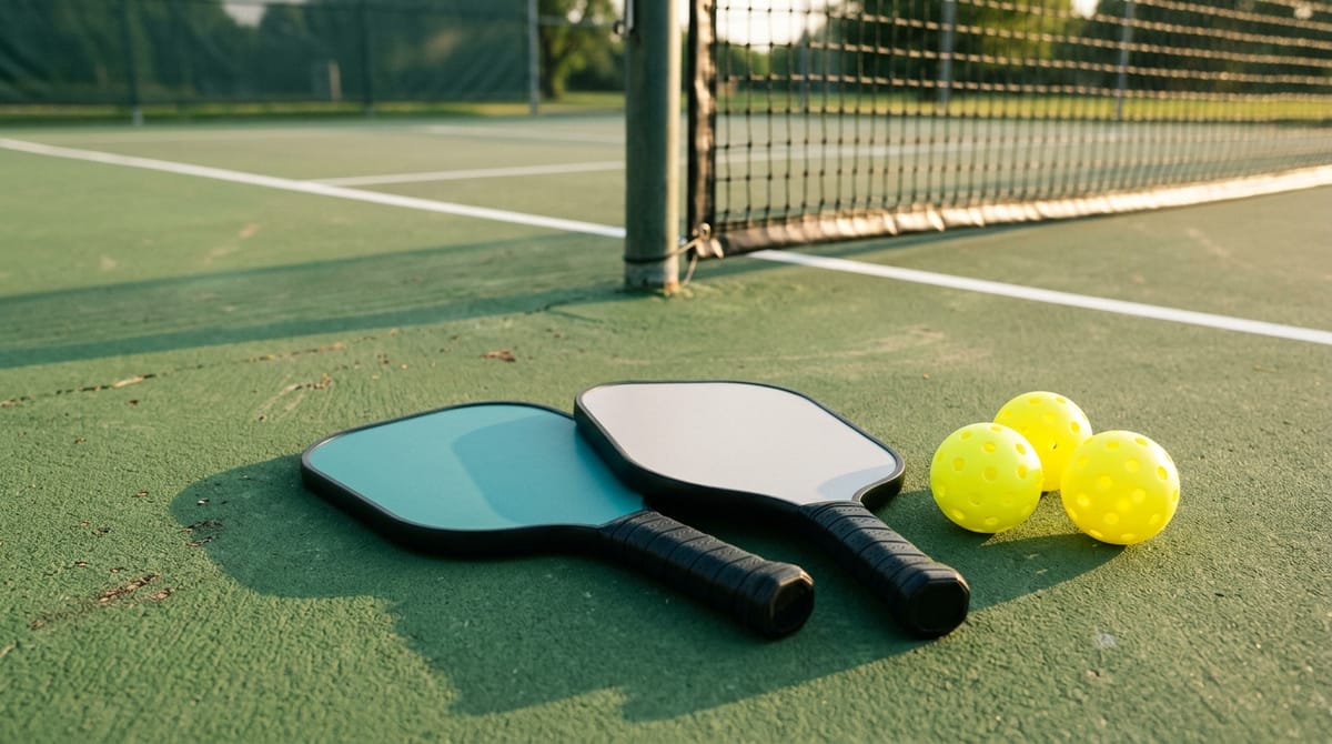 Two pickleball paddles, one teal and one grey, beside three yellow pickleballs at the foot of a court net